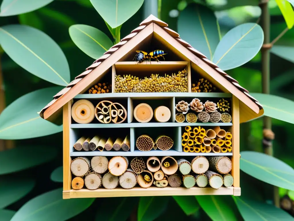 Refugios para insectos en espacios urbanos: Detalle de refugio hecho a mano rodeado de plantas urbanas, con insectos explorándolo