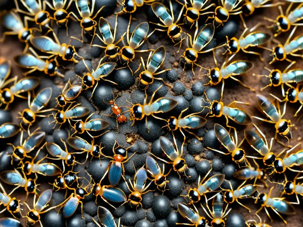 Una reina hormiga rodeada por obreras, ilustrando la organización reproductiva de las hormigas con detalle y emotividad