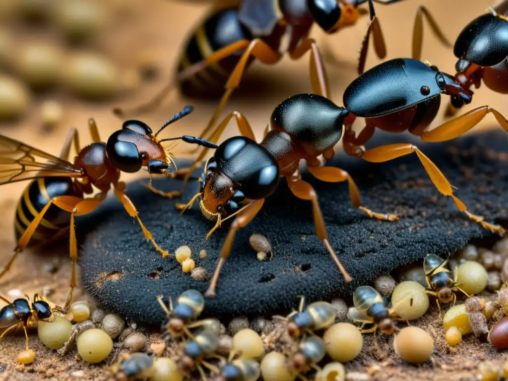 Una reina de hormigas rodeada por sus obreras, ilustrando la reproducción de insectos sociales con detalles cautivadores