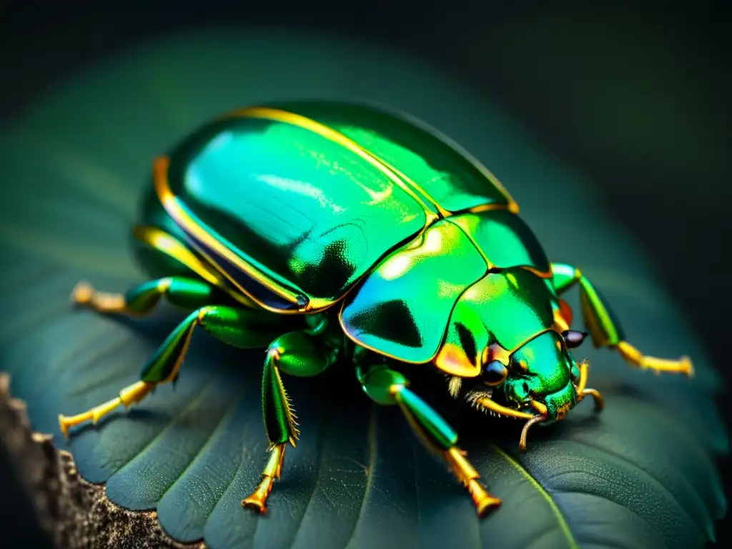 Una representación de insectos en arte contemporáneo: impresionante pintura al óleo de un escarabajo metálico verde en un fondo oscuro y atmosférico