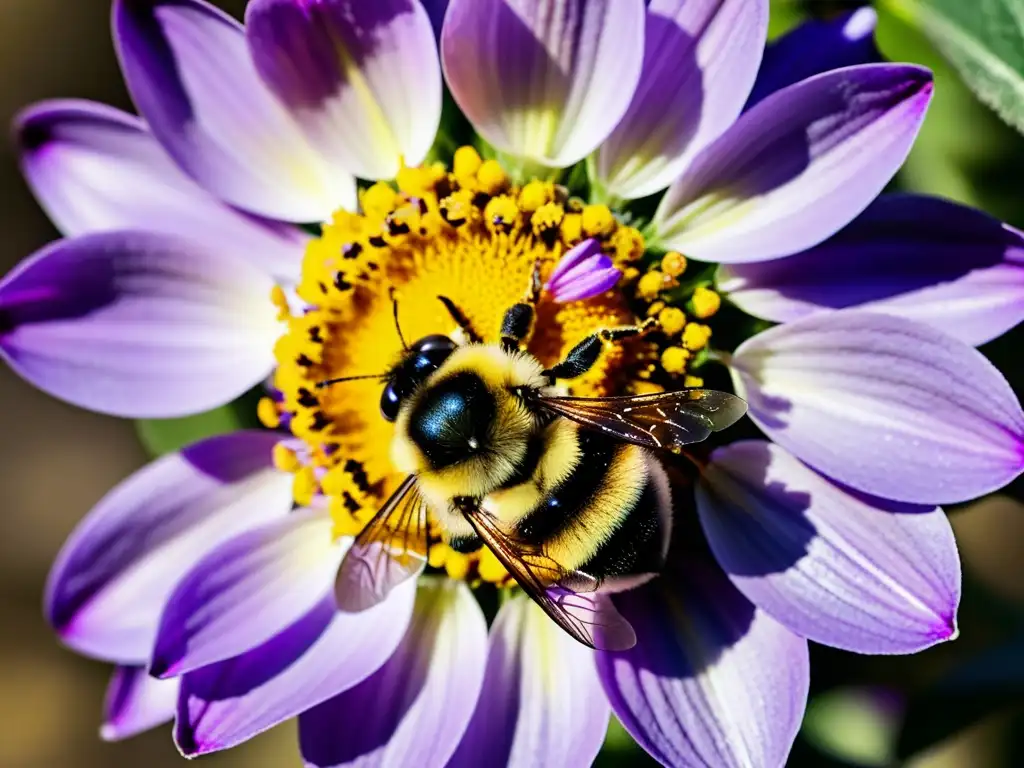 Un retrato detallado de un abejorro cubierto de polen amarillo, revoloteando sobre una flor morada