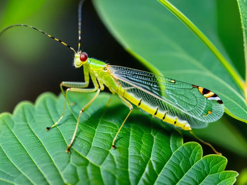 Un retrato detallado de un crisópido verde descansando en una hoja, con sus alas transparentes brillando al sol