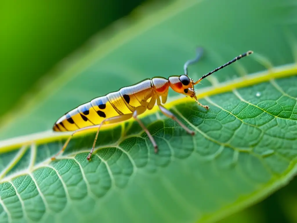 Un retrato detallado de una diminuta larva insecto transparente aferrada a una hoja, destacando la lucha y la resiliencia de la supervivencia larvaria