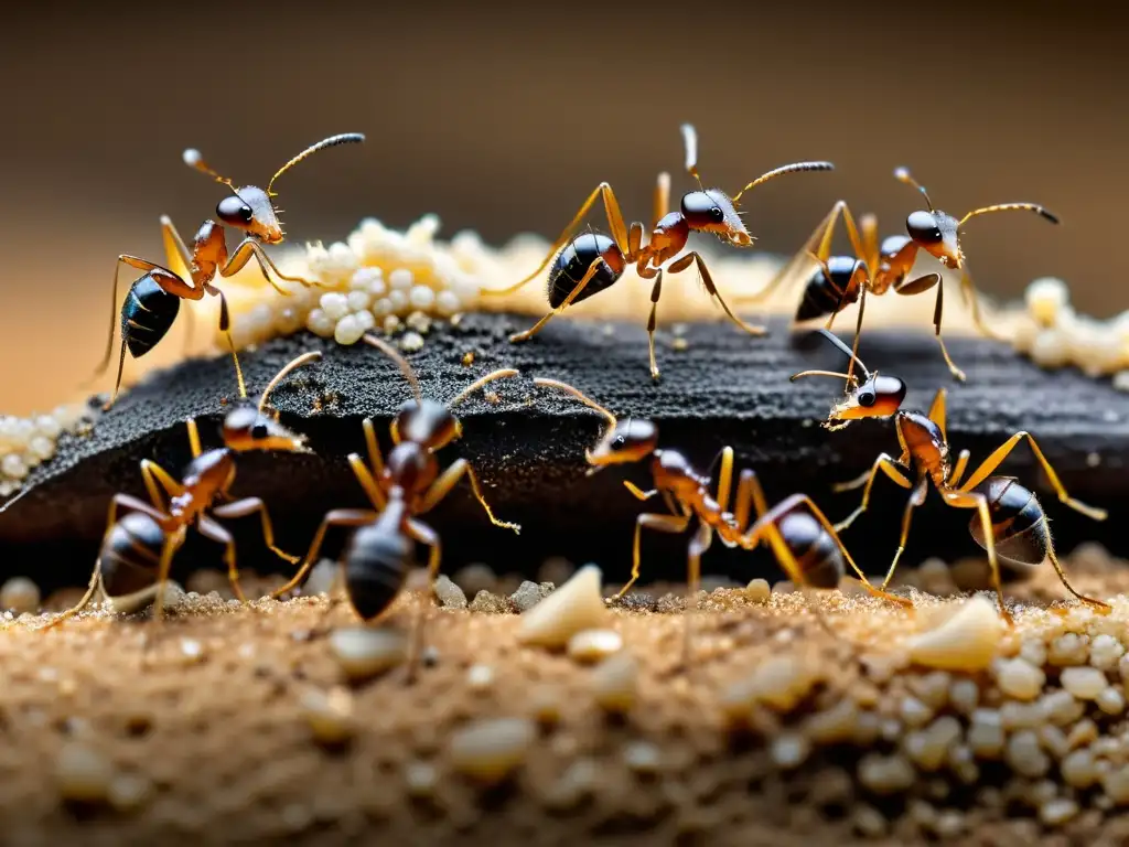 Un retrato detallado de hormigas construyendo estructuras subterráneas con precisión y trabajo en equipo