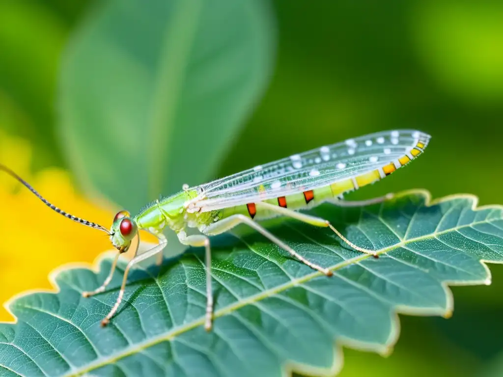 Un retrato detallado de un insecto verde sobre una hoja, destaca sus patrones de alas y antenas delicadas