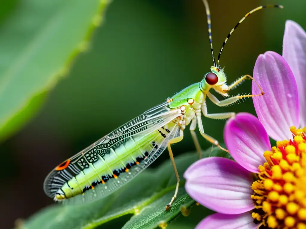 Un retrato detallado de un insecto crisopa verde sobre una flor vibrante, rodeado de pulgones y otros insectos