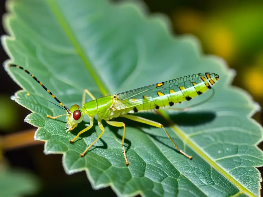 Un retrato detallado de un insecto verde de encaje devorando pulgones en una hoja