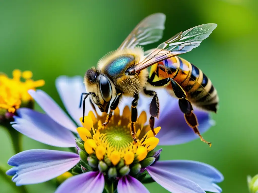 Interacción íntima: Abeja recolectando néctar de una flor silvestre Un retrato detallado y lleno de vida de una abeja recolectando néctar de una colorida flor silvestre en un prado exuberante
