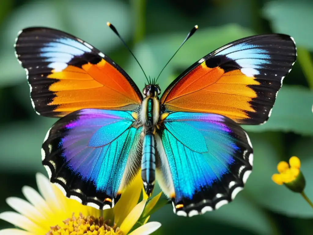 Un retrato detallado de una mariposa iridiscente en la naturaleza, con sus alas intrincadas y ojos compuestos