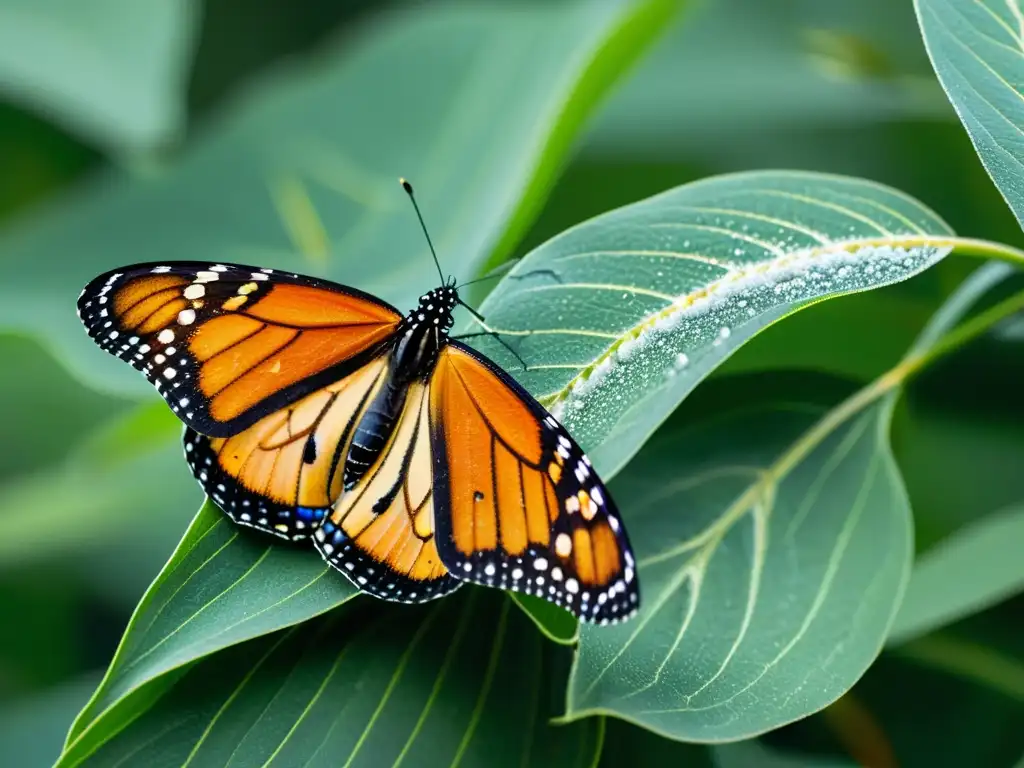 Un retrato detallado de una mariposa monarca posada en una planta de algodoncillo, con sus alas coloridas y patrones detallados en primer plano