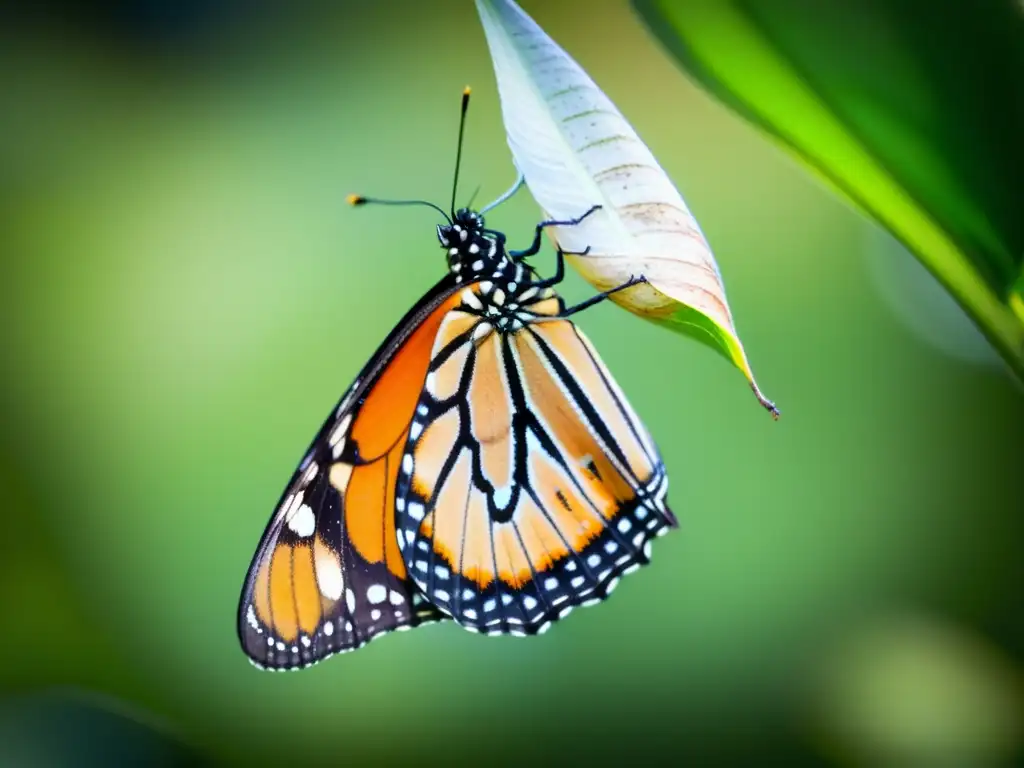 Un retrato detallado de una mariposa monarca emergiendo de su crisálida, desplegando sus delicadas alas y colores vibrantes