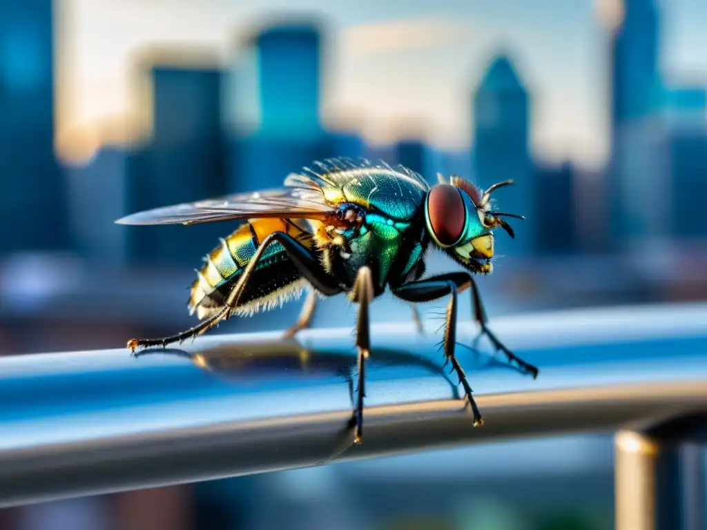 Un retrato detallado de una mosca doméstica en una barandilla metálica en la ciudad