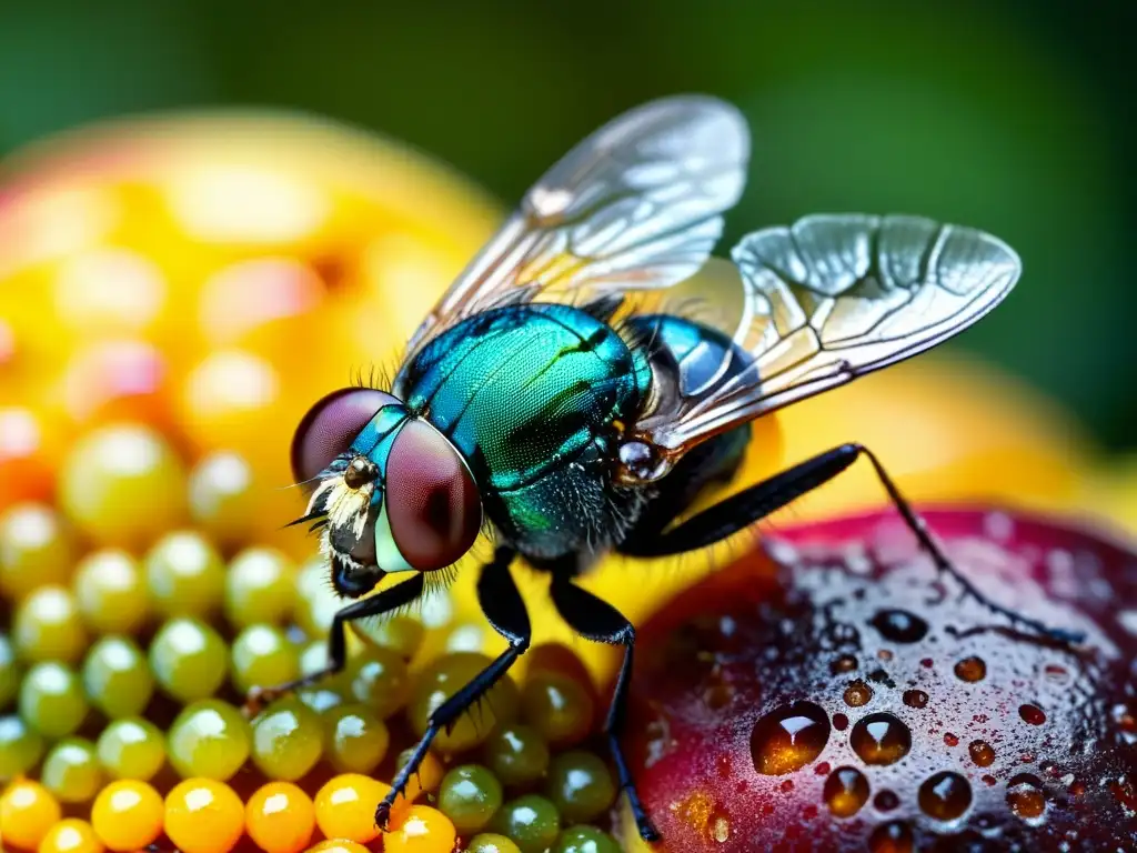 Un retrato detallado de una mosca sobre fruta en descomposición, resaltando la belleza simbólica de las moscas en el ciclo de vida y descomposición