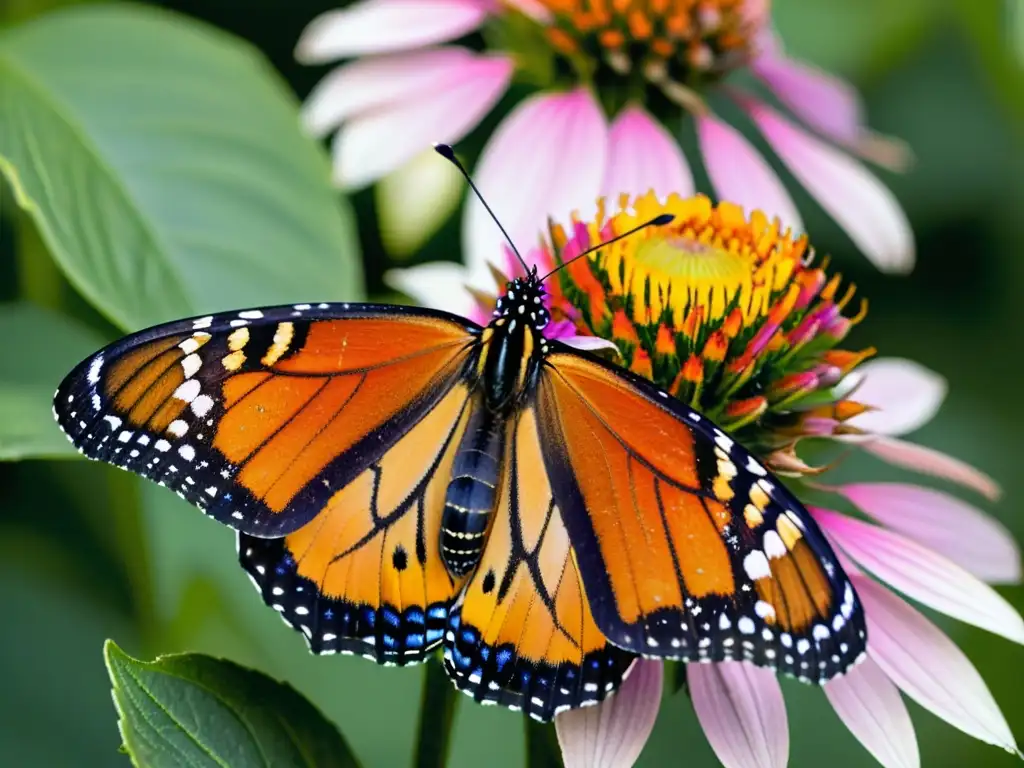 Un retrato detallado de una vibrante mariposa Monarca posada en una flor morada