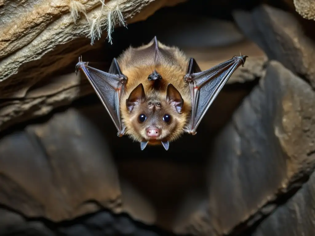 Un retrato hiperrealista de un murciélago marrón colgado boca abajo en una cueva, destacando la importancia de murciélagos en control de insectos