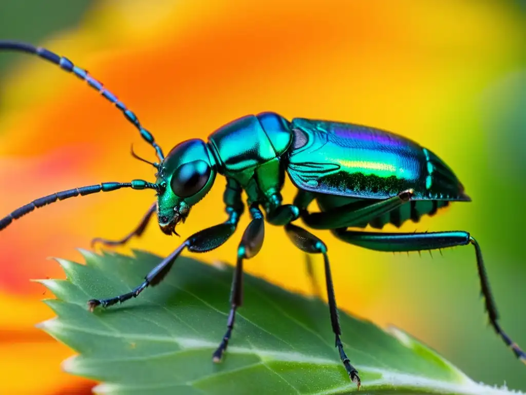 Un retrato macro impactante de un escarabajo verde metálico sobre un pétalo naranja, mostrando sus detalles y adaptaciones sorprendentes