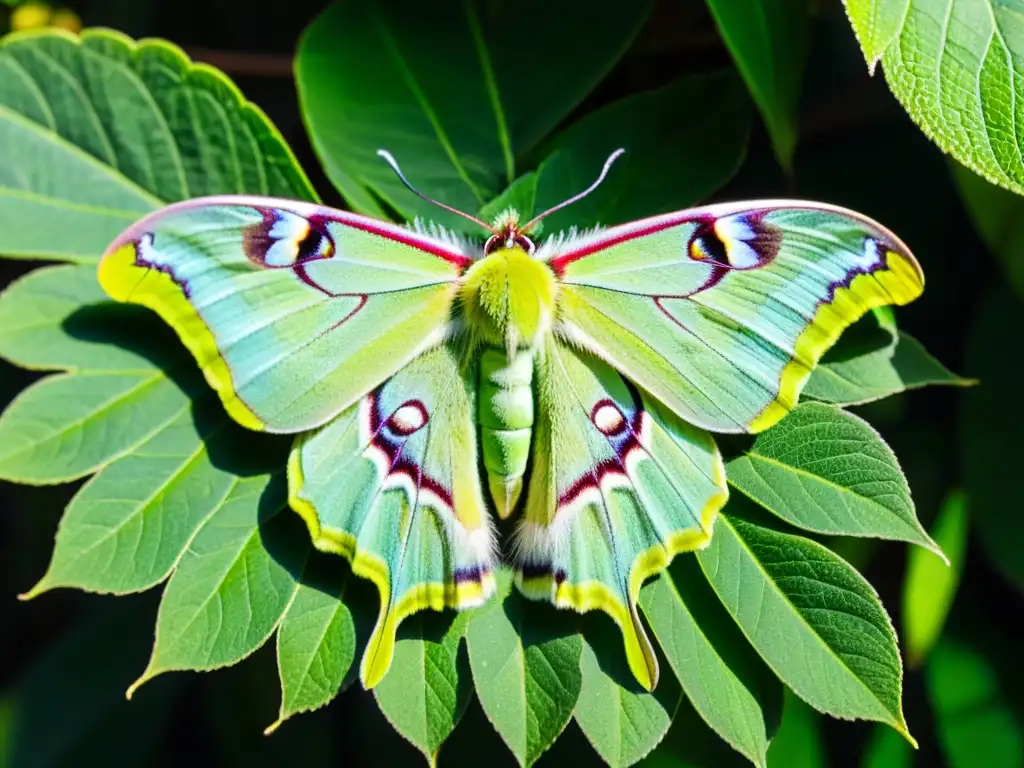 Un retrato mágico de una polilla Luna verde descansando en una hoja, con detalles intrincados de sus alas y antenas