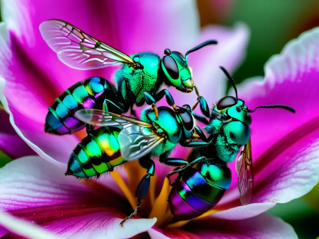 Rituales de apareamiento insectos: Dos abejas orquídea iridiscentes danzan sobre una flor rosada, con delicadeza y movimiento capturados en detalle