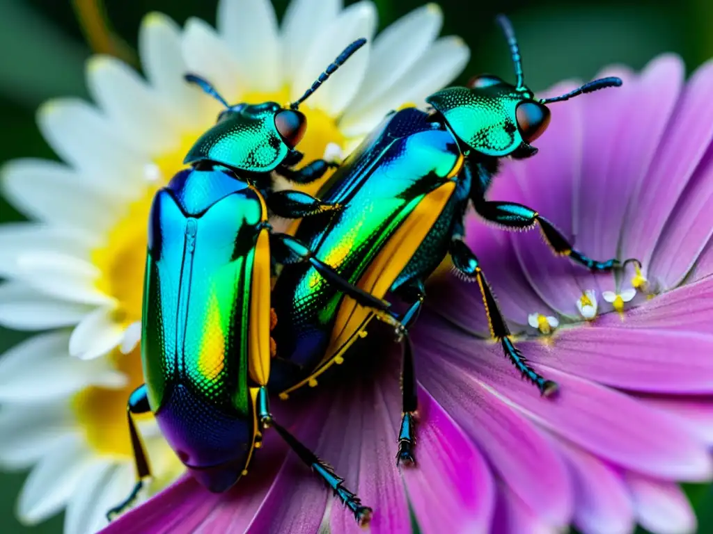 Rituales de apareamiento insectos: Detalle de dos escarabajos joya iridiscentes en cautivador ritual de apareamiento sobre pétalo vibrante