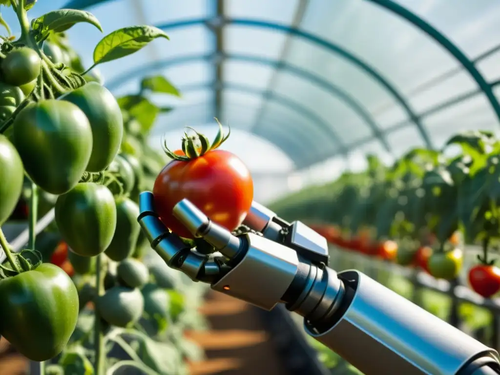 Un robot guardián de cultivos cosecha delicadamente un tomate maduro en un invernadero soleado