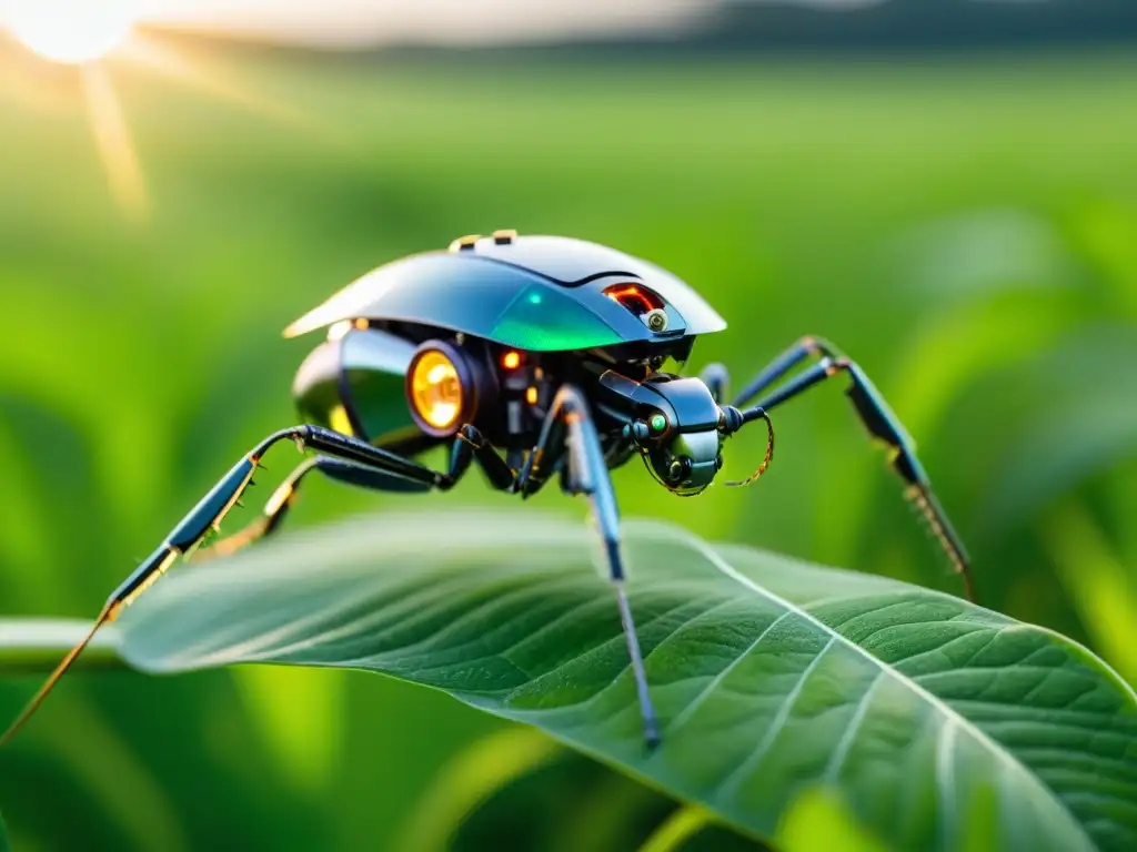 Un robot insecto con sensores y herramientas, realizando agricultura de precisión con drones en un campo verde exuberante