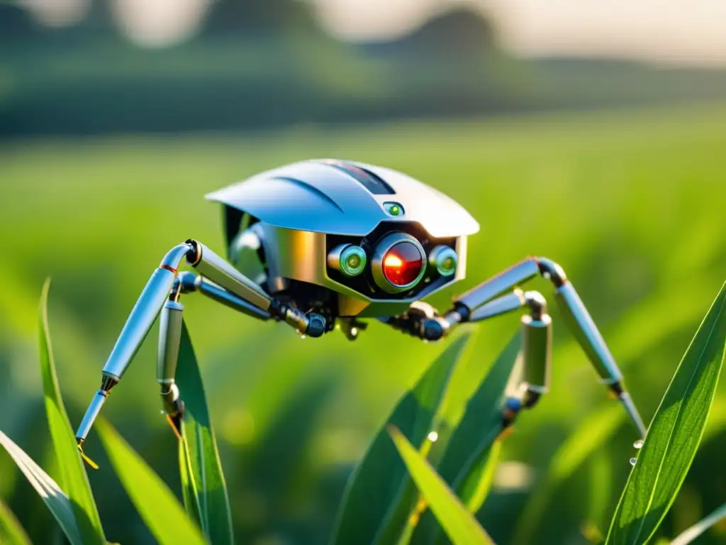 Un robot insectoide se desplaza entre cultivos verdes, sus detalles metálicos brillan con el rocío