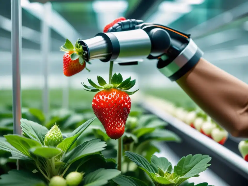 Robots guardianes de cultivos cosechando fresas en granja vertical de alta tecnología, destacando su precisión y eficiencia