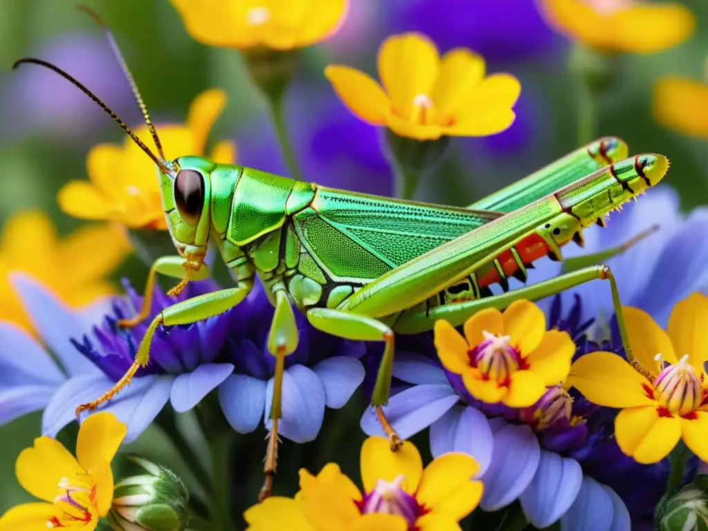 Un saltamontes descansa sobre flores comestibles, resaltando sus detalles y colores