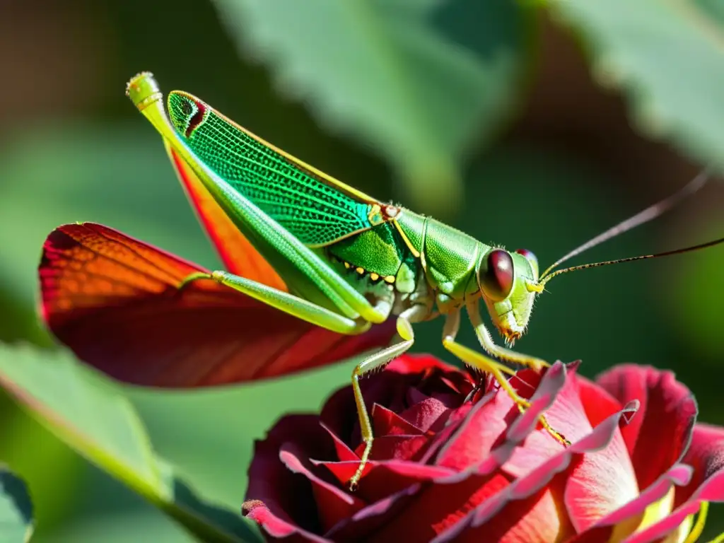 Un saltamontes iridiscente reposa en un pétalo de rosa roja