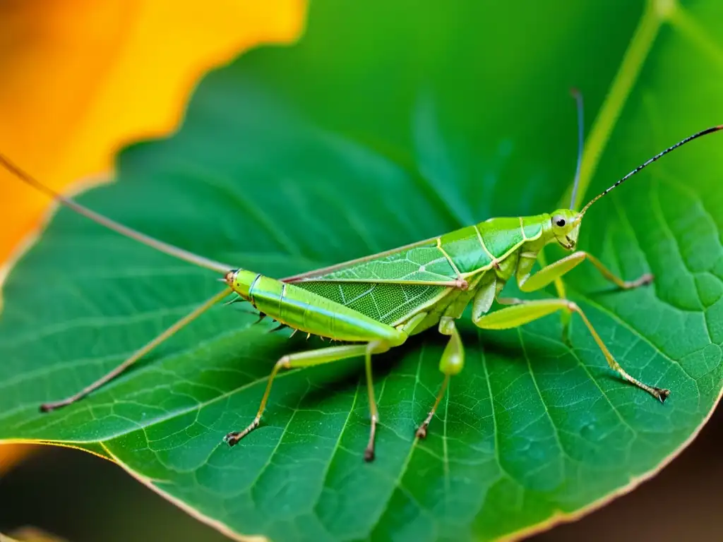 Un saltamontes mimetizado entre hojas, exhibiendo estrategias alimentación insectos herbívoros, con detalles únicos