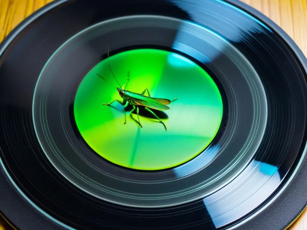 Un saltamontes verde reposa sobre un disco de vinilo, destacando la unión entre la naturaleza y la música