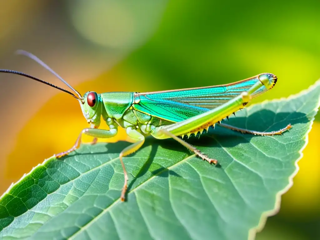 Un saltamontes verde vibrante descansa en una hoja, con cada detalle nítido