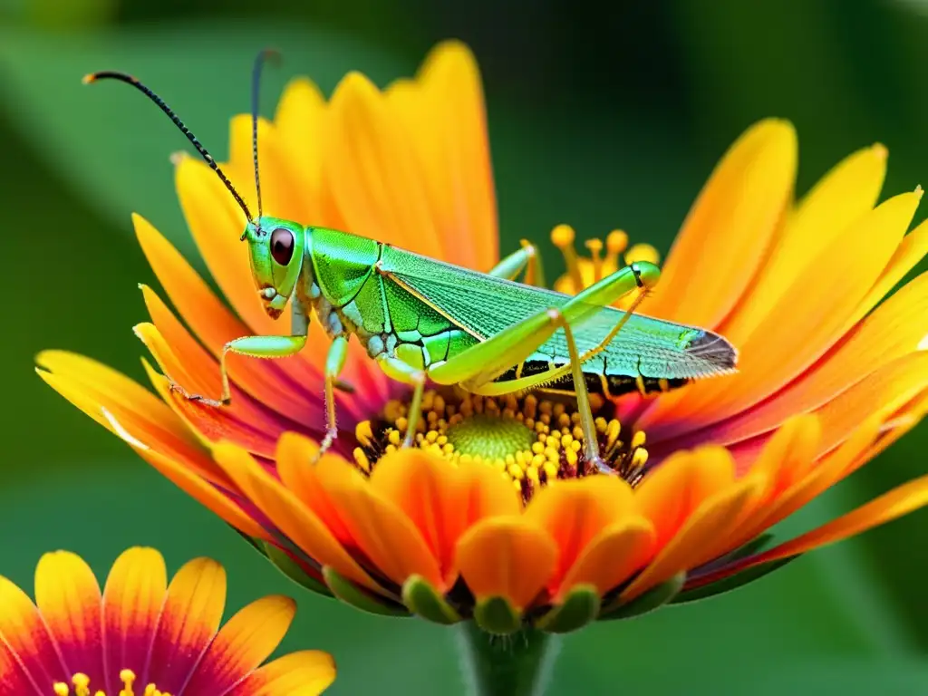 Un saltamontes verde vibrante posado en un pétalo de flor naranja, con detalles ultra detallados