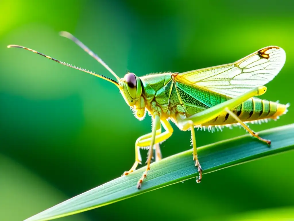 Un saltamontes vibrante descansa en una brizna de hierba, sus alas desplegadas revelan tonos iridiscentes