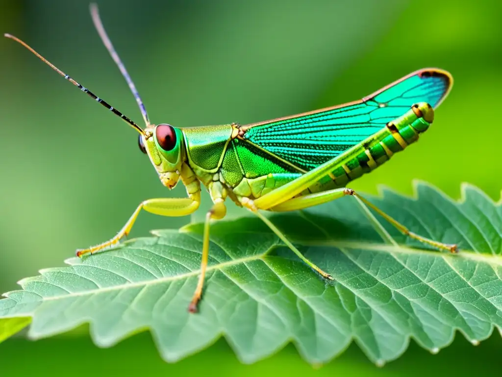 Un saltamontes vibrante descansa sobre una hoja en su hábitat natural