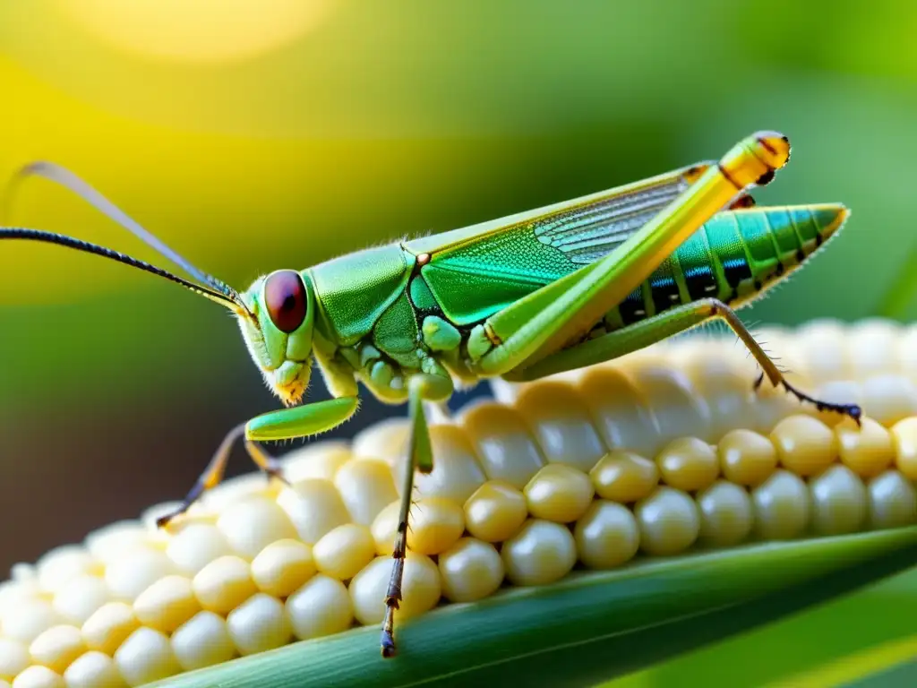 Un saltamontes vibrante posado en una espiga de maíz dorado, mostrando la importancia de los insectos en ecosistemas