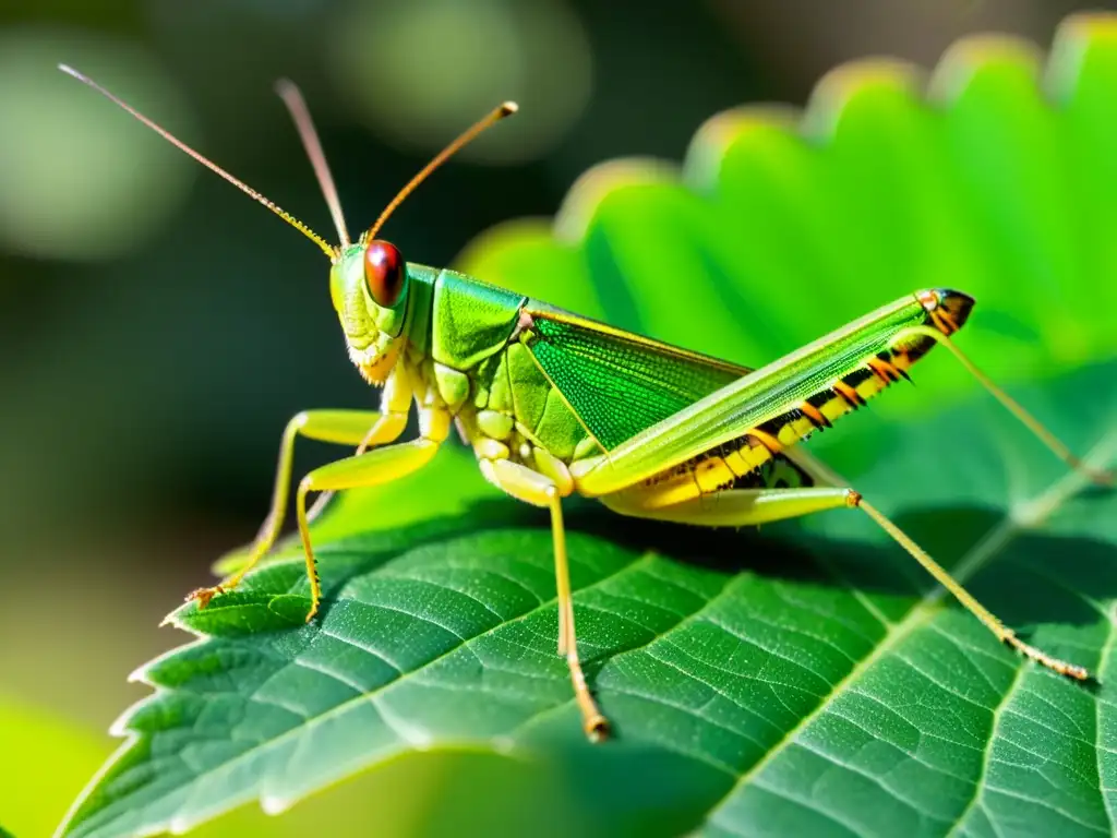 Saltamontes verde: detalle fascinante Un saltamontes vibrante posado en una hoja, desplegando sus alas con patrones intrincados