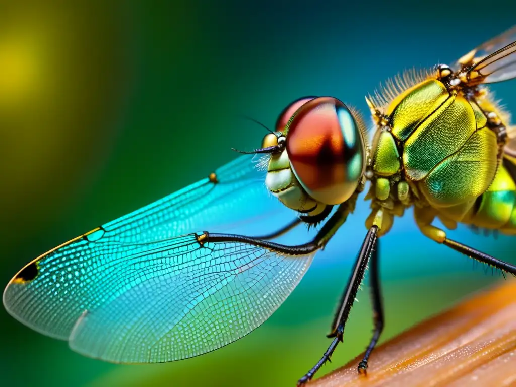 Sensor wearable tecnología para monitoreo de insectos integrado en ala de libélula en vuelo, con patrón iridiscente y paisaje natural difuminado