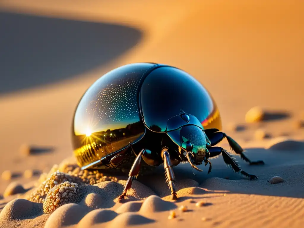 Símbolo de creación y renacimiento: escarabajo pelotero rodando una esfera perfecta de excremento bajo el cálido sol del desierto