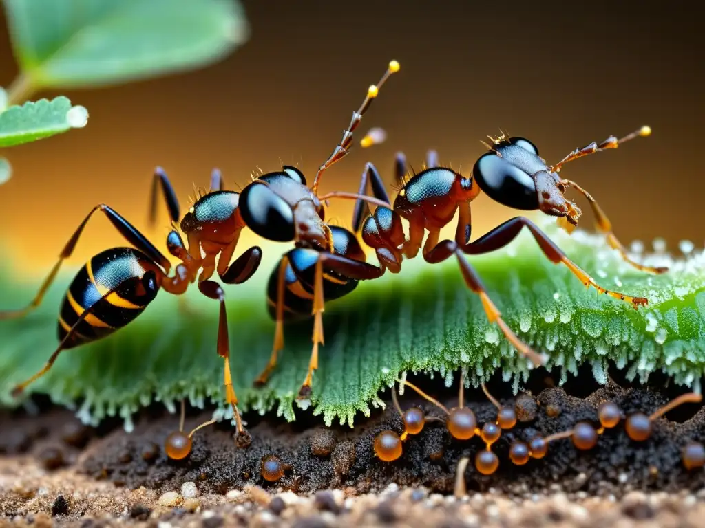 Un sorprendente close-up de hormigas comunicándose y organizándose en su hábitat natural