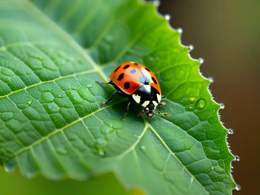 Sorprendente simbiosis entre insectos: la mariquita preparada para la defensa, mientras las pequeñas áfidas cubren la hoja