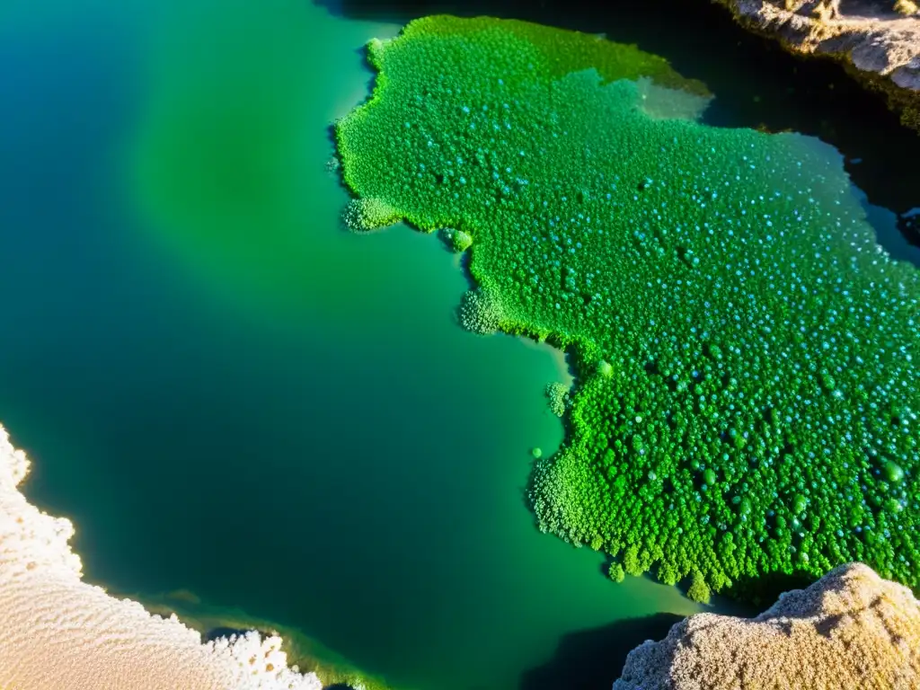 Spirulina verde vibrante en roca sumergida, con gotas de agua