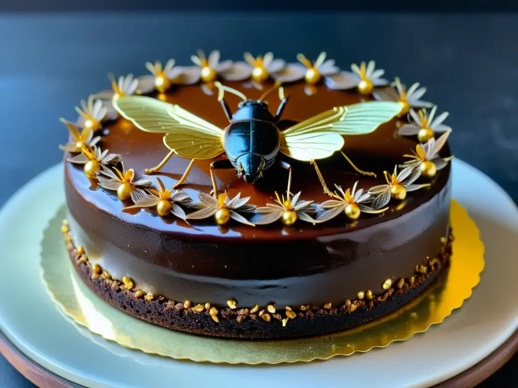 Un suculento pastel de chocolate con grillos caramelizados y polvo de oro, una combinación visualmente impresionante y apetitosa