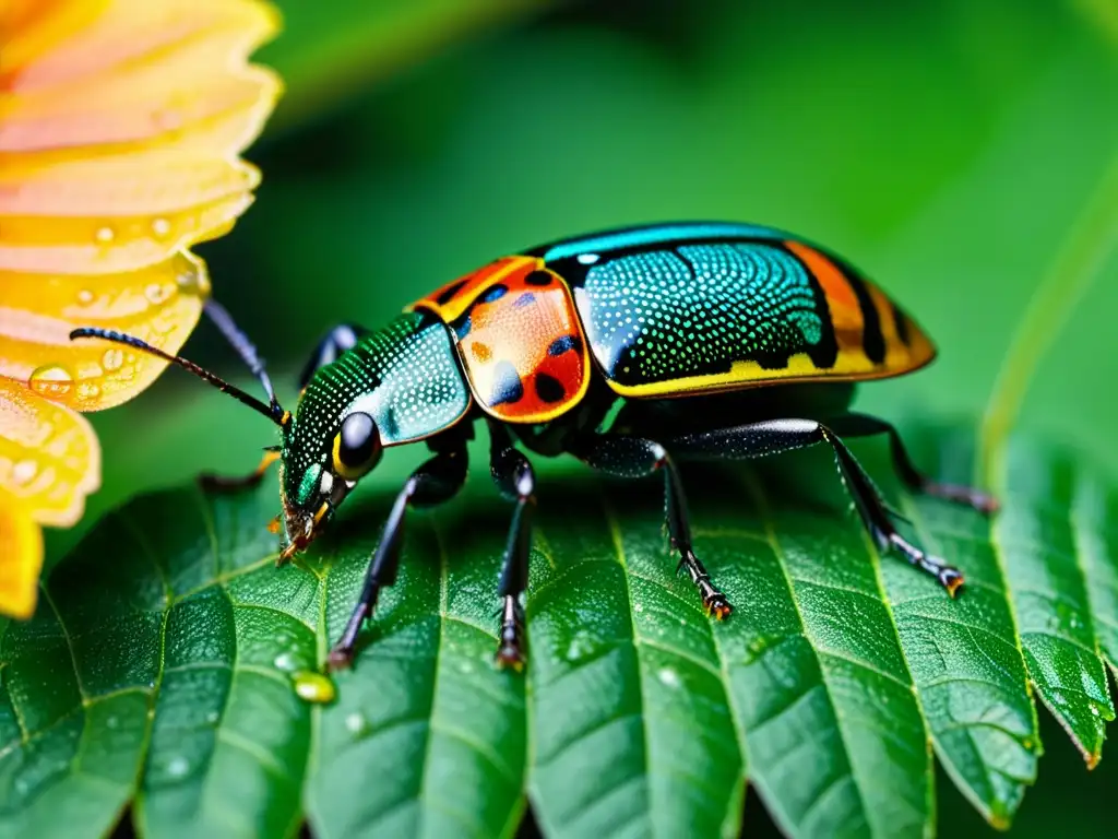 Producción suplementos insectos huella ambiental: Detalle ultra de escarabajos coloridos en hoja, mostrando sus patrones y texturas