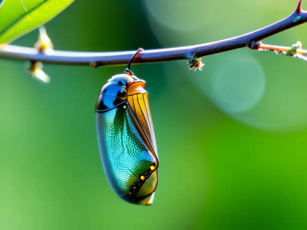 Chrysalis suspendida de una rama, detalle y textura del exoesqueleto con patrones visibles