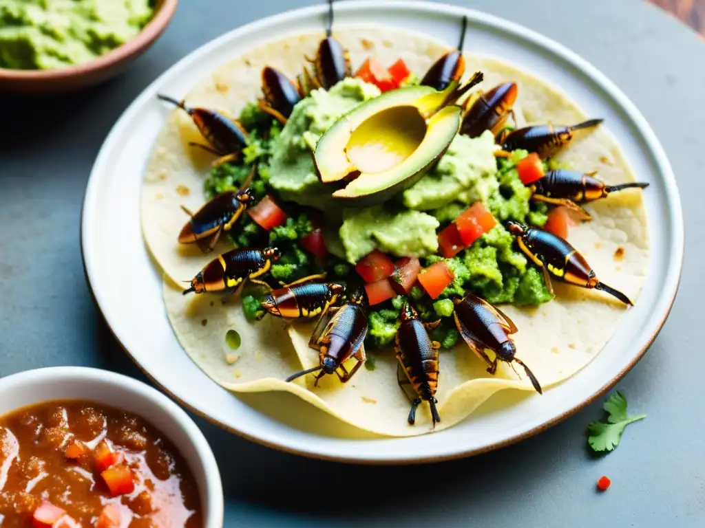 Un taco de chapulines con guacamole y salsa picante, detalle vibrante de la gastronomía internacional con insectos comestibles