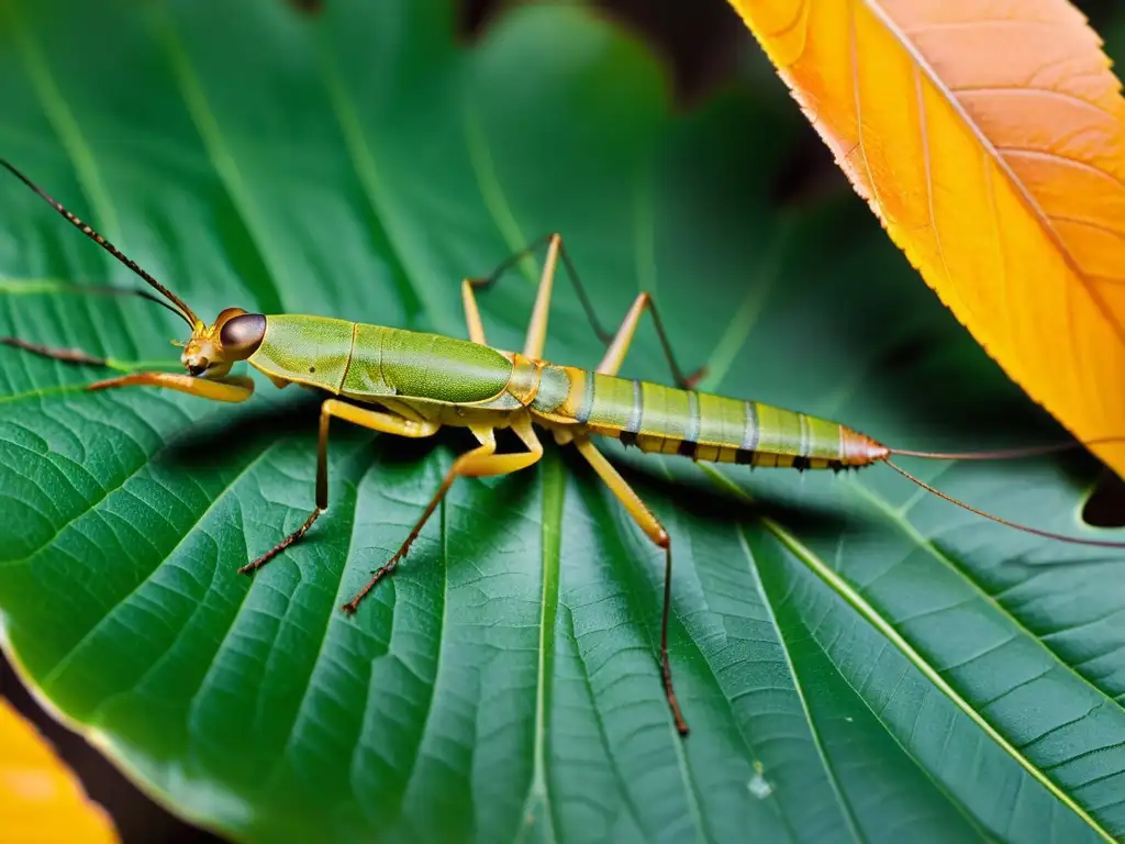 Tácticas evolutivas de supervivencia insecto: Imagen detallada de un insecto palo camuflado entre las hojas, mimetizándose con su entorno