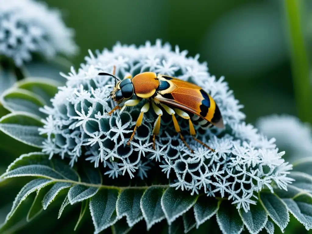 Tácticas de hibernación de insectos: Detalle de insectos en letargo cubiertos de escarcha, mostrando su resiliencia ante el invierno