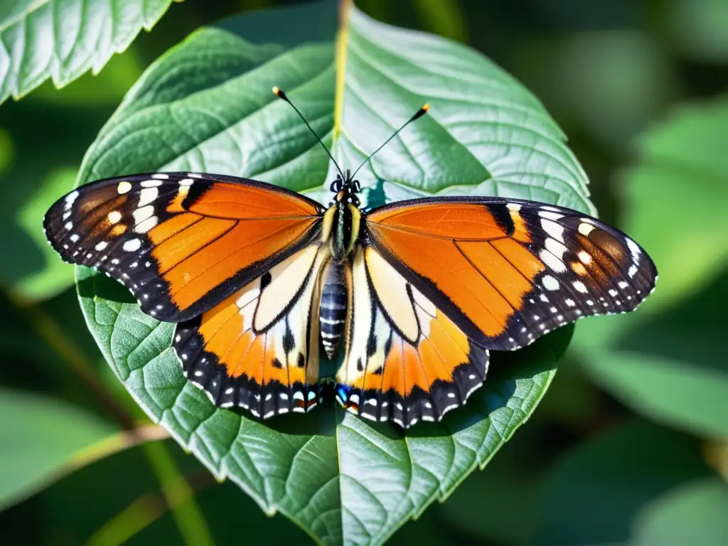 Talleres de entomología para aventureros: Detallada imagen 8k de una mariposa monarca en una hoja, con alas iridiscentes al sol