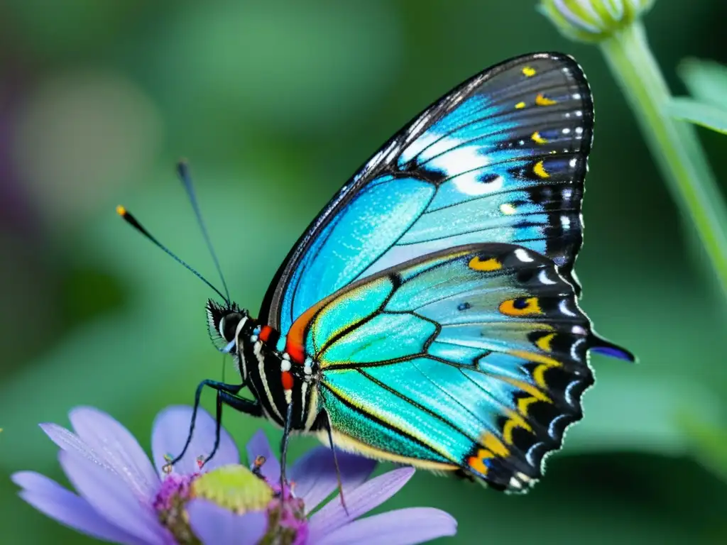 Talleres de entomología para aventureros: Detalle de mariposa iridiscente posada en flor morada, con gotas de rocío y suaves texturas